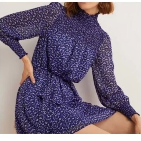 Boden Mara Bramble smocked blue long sheer sleeves dress Anthropologie Size 8 - Picture 1 of 9